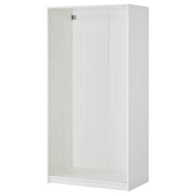 Displays a white PAX wardrobe frame. Its rectangular, with adjustable feet for floor leveling and a perforated side panel for customization.