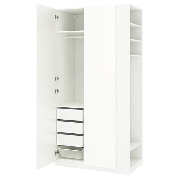 A PAX wardrobe system in white with open doors showcasing shelving and storage compartments.