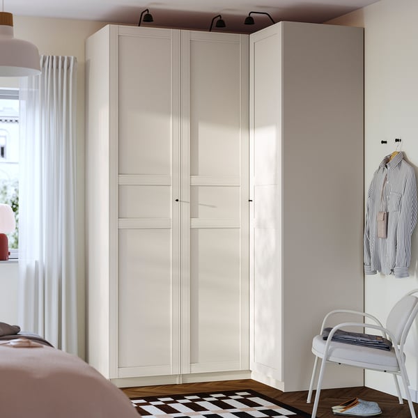 PAX / FLISBERGET Corner wardrobe, grey-beige/light beige, 161/111x236 cm
