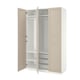 An open beige ikea PAX wardrobe with shelves and racks.