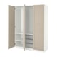 An open white PAX wardrobe with beige doors, featuring shelves and mesh drawers, designed for efficient storage.