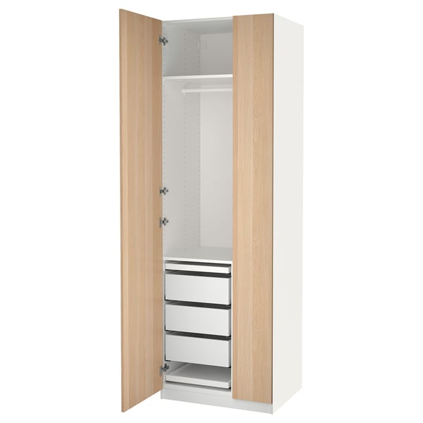 Open beige PAX wardrobe, slim, wood-look, white interior, metal rails, three drawers.