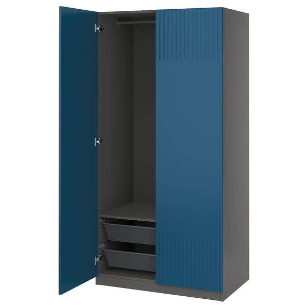 Blue PAX wardrobe with mesh drawers, sleek and modern.