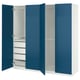 Ikea PAX wardrobe: blue doors, white interior, mesh drawer.