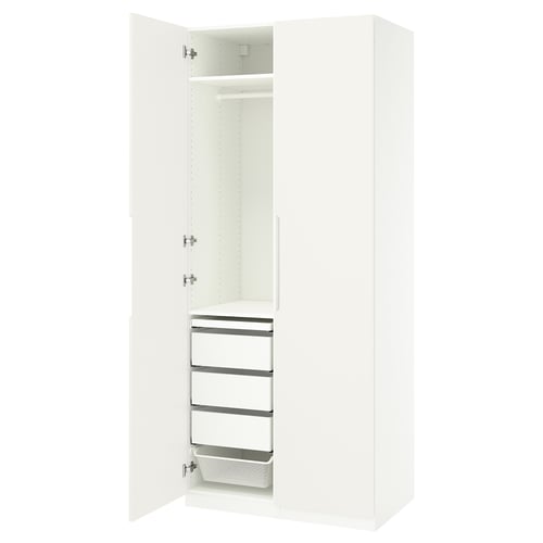 A white ikea PAX wardrobe with open doors, showcasing metal shelves and a hanging rod inside.