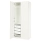 A white ikea PAX wardrobe with open doors, showcasing metal shelves and a hanging rod inside.