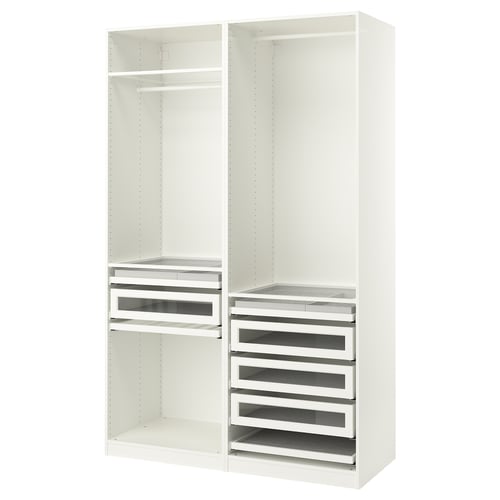White PAX wardrobe: 2 sections, shelves, drawers, glass fronts, metal rail.
