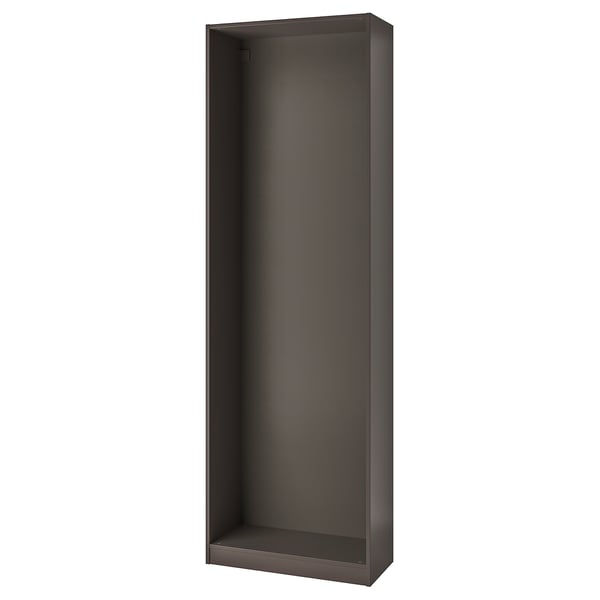 Dark grey PAX wardrobe frame, narrow and simple, made from paper foil and particleboard, awaits customization.