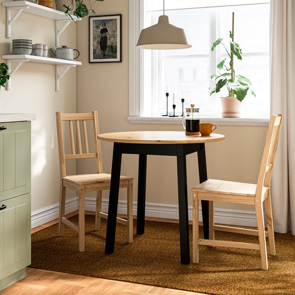 PINNTORP Table and 2 chairs, light brown stained black stained/light brown stained pine, 85 cm