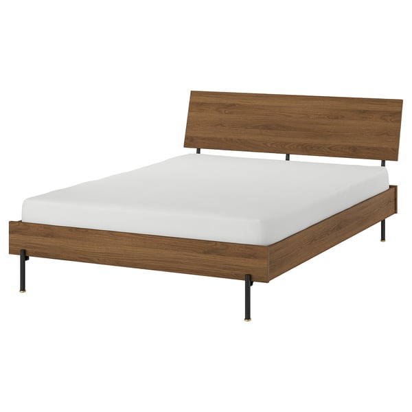RÅDMANSÖ Bed frame, brown walnut effect/Leirsund, 140x200 cm