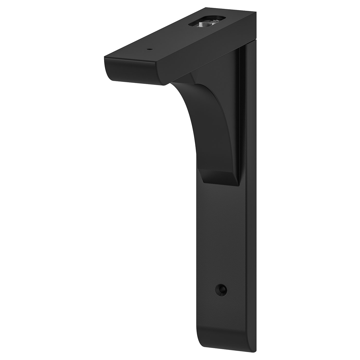 Black RAMSHULT shelf bracket, reversible design, fits 20 & 30 cm shelves, acrylic paint, minimalist style.