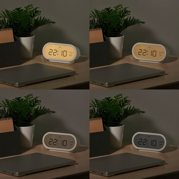 A digital clock displays time, date, temperature, and humidity, with adjustable brightness.