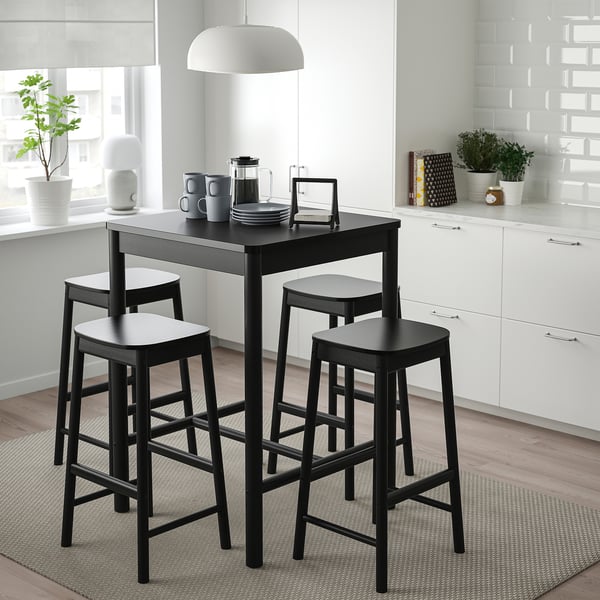 Black RÖNNINGE bar set with 4 stools & square table, rounded corners.