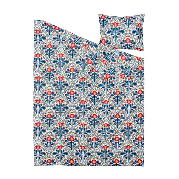 Intricate blue and red floral SÄTERVIDE duvet cover set, crafted from recycled cotton/lyocell blend. Detailed, traditional pattern.