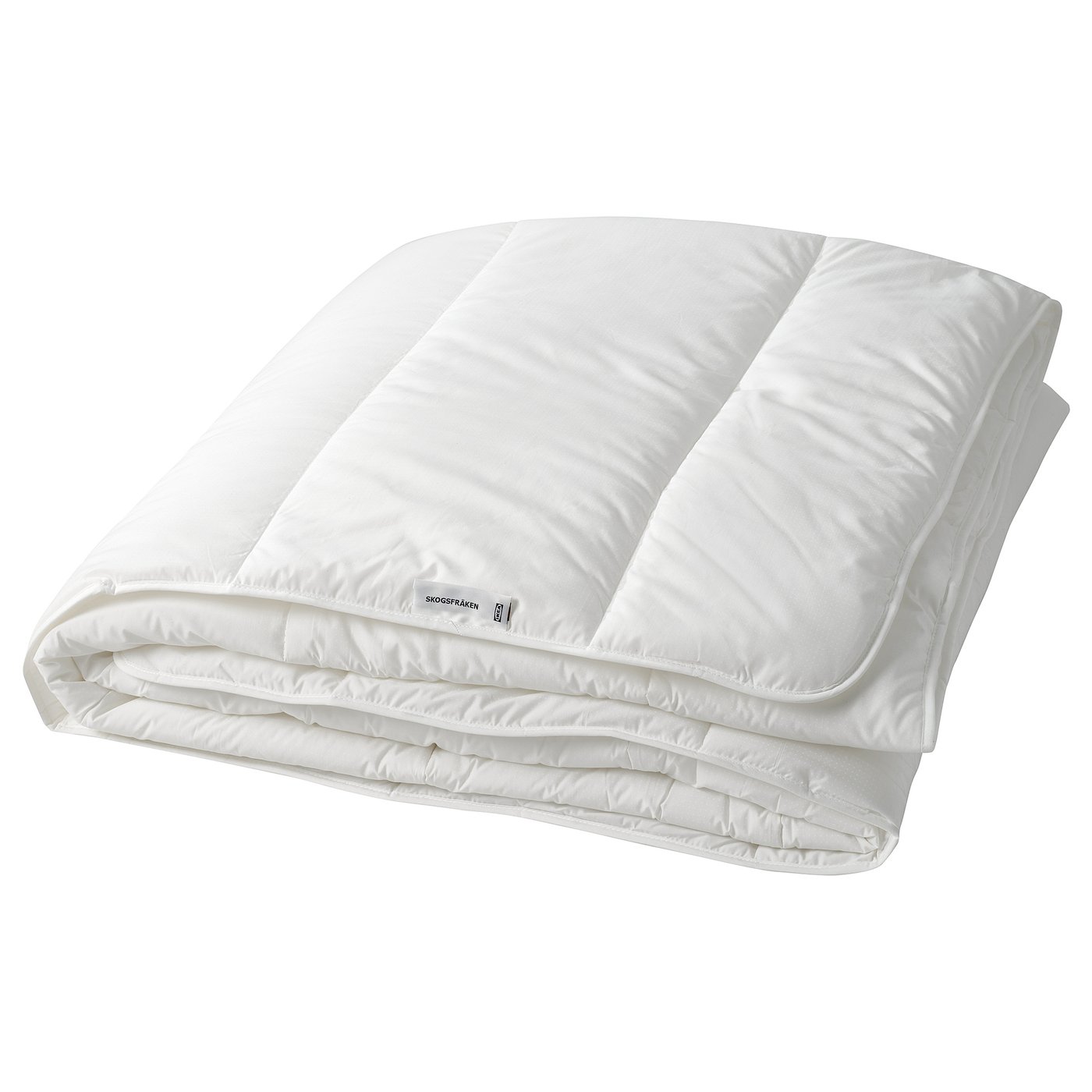 The SKOGSFRÄKEN duvet is white, rectangular, and neatly folded. Its made from recycled polyester and lyocell, offering a soft and fluffy feel.