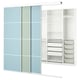 A modern white wardrobe with blue-green-tinted sliding doors and internal adjustable shelves, drawers, and baskets.