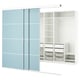 Modern wardrobe with light blue-tinted mirrored sliding doors, white interior shelves, and drawers.