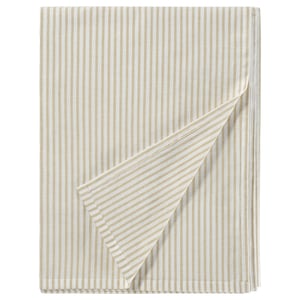 Light gold & white striped cotton sheet set for cosy, elegant bed.