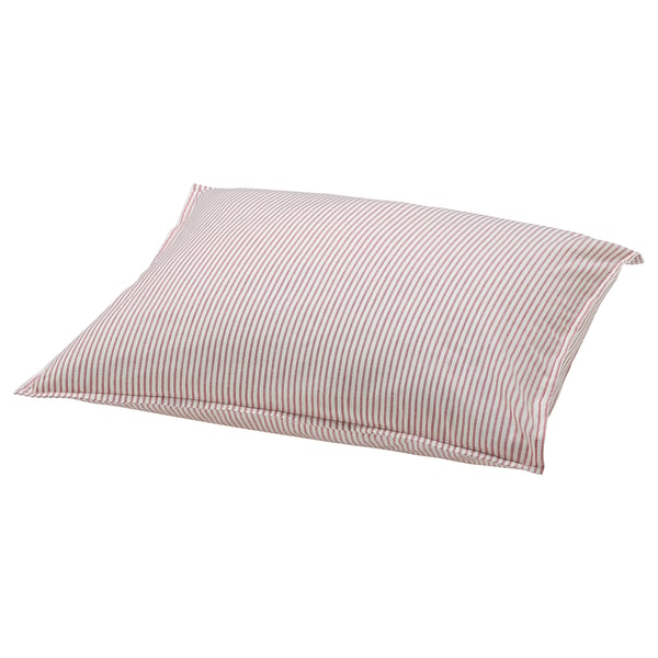 Striped square cushion in red and white. Made of recycled cotton. Soft and eco-friendly. Decorative and comfortable.
