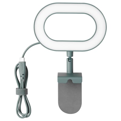 STÄNKREGN ring lamp, green, attaches to laptop, usb-c cable, adjustable, touch dimmer.