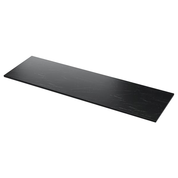 Black marble-look TOLKEN countertop. Rectangular, smooth surface, fiberboard core.
