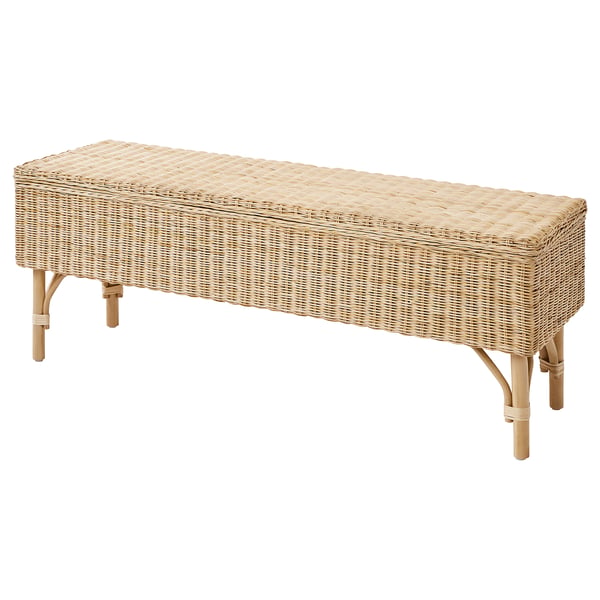 Wicker storage bench, beige, rectangular, natural fibres.