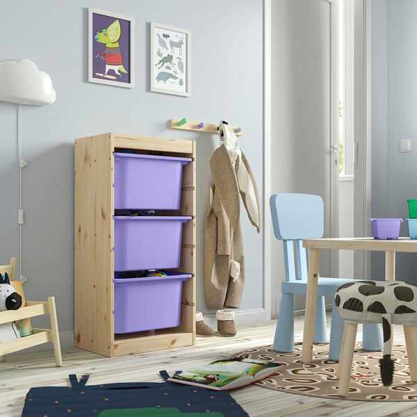 TROFAST Storage combination with boxes, light white stained pine/lilac, 44x30x91 cm