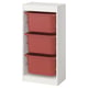 White TROFAST unit with 3 red boxes for kids items.