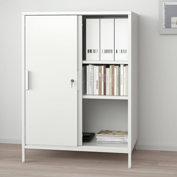 White cabinet with sliding doors, open shelves, lockable doors. Ideal room divider with mixed storage.