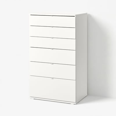 VIHALS chest of drawers, white, 5-drawer, minimalist, sleek, safe design with anchor and unlock safety feature.