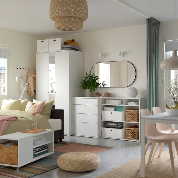 Modern studio with VIHALS furniture, storage solutions.
