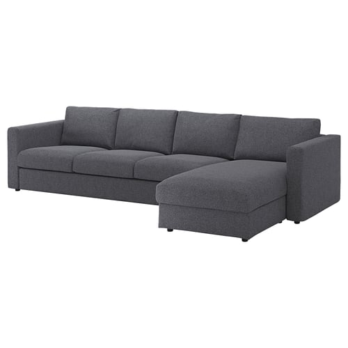 The VIMLE sectional sofa is sleek and modern, featuring a dark grey fabric cover on a boxy frame, with one chaise lounge for extra space and comfort.