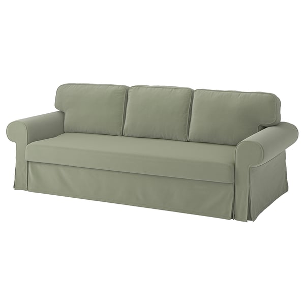 A VRETSTORP sofa with a sage green, smooth fabric cover. It has a classic shape with rounded arms and three cushions.