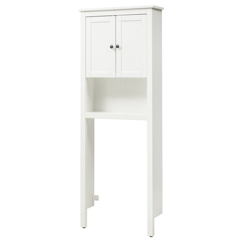 Белый шкаф HEMNES с закрытой верхней секцией и открытой средней полкой, стоящий на четырех ножках.