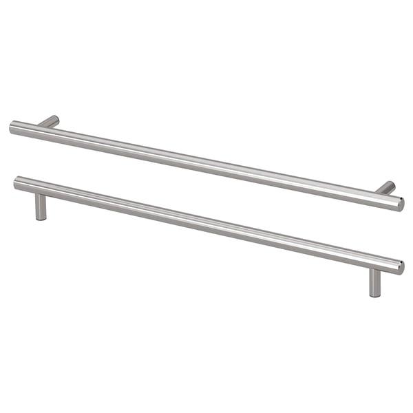 На изображении изображены ручки KALLRÖR из нержавеющей стали, гладкие и современные, предназначенные для кухонных шкафов.