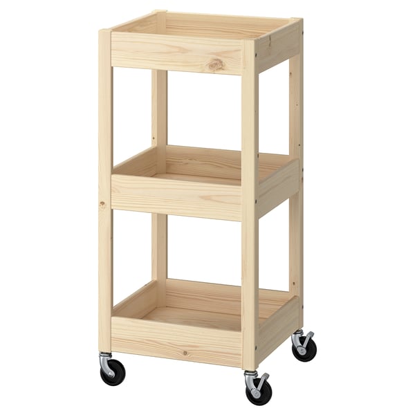 Деревянная тележка LOSHULT, светлого цвета, с двумя полками и четырьмя колесами, предназначенная для хранения и переноски.