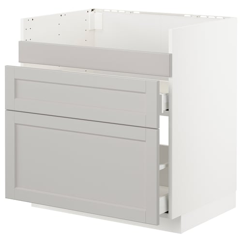 Кухонный шкаф ikea METOD светло-серого цвета со скошенными краями и ящиками.
