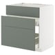 Современный серо-зеленый кухонный шкаф ikea METOD с гладкими ящиками и прочной белой рамой.