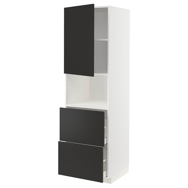 Белый кухонный шкаф ikea METOD с высокими черными ящиками и дверцами, современный и модульный, подходит для организованного хранения.