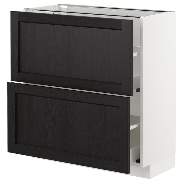 Кухонный шкаф Ikea METOD. Белая рама, черные мореные деревянные ящики. Два ящика, ручки, современный дизайн.