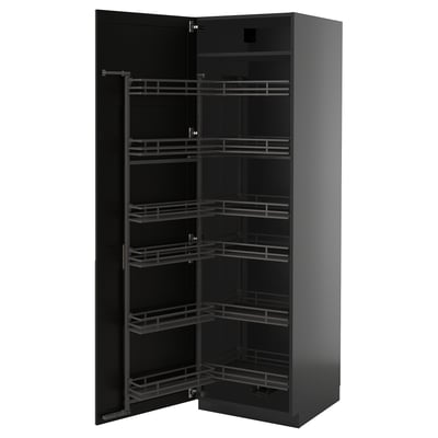 Черная выдвижная кладовая от ikea, часть кухонной системы METOD. Несколько проволочных полок за темной деревянной дверью со скошенными углами.