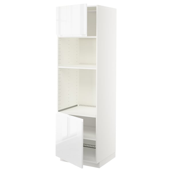 Белый высокий шкаф ikea METOD с открытой дверцей, глянцевая отделка.