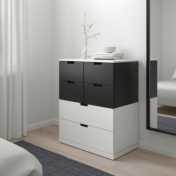 Современный комод NORDLI: черный и белый, ящики 3x3, гладкий и широкий, подходит для угла спальни.