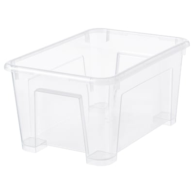 Прозрачный пластиковый ящик для хранения SAMLA, прямоугольной формы с прочным основанием и ручками. Крышка не показана.
