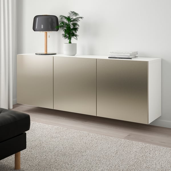 BESTÅ تشكيلة خزانة حائطية, أبيض/Riksviken التأثير البرونزي الفاتح, 180x42x64 سم