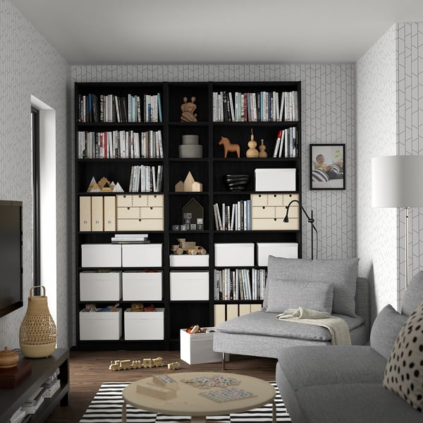 BILLY تشكيلة مكتبة مع وحدات تمديد, أسود شكل السنديان, 200x28x237 سم