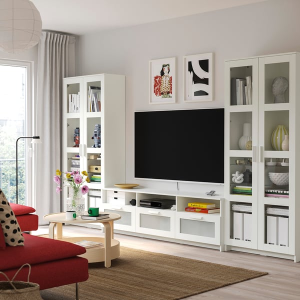 BRIMNES تشكيلة تخزين تلفزيون/أبواب زجاجية, أبيض, ‎340x41x190 سم‏