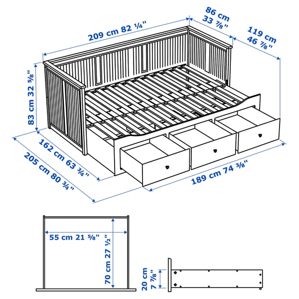 HEMNES هيكل سرير نهاري مع 3 أدراج, رمادي-أخضر, 80x200 سم