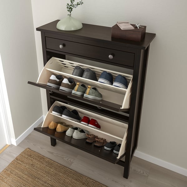 HEMNES خزانة أحذية بمقصورتين, أسود-بني, 89x30x127 سم
