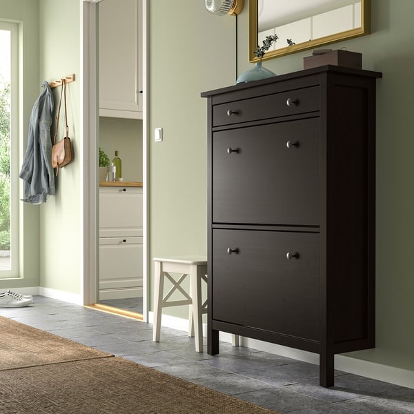HEMNES خزانة أحذية بمقصورتين, أسود-بني, 89x30x127 سم